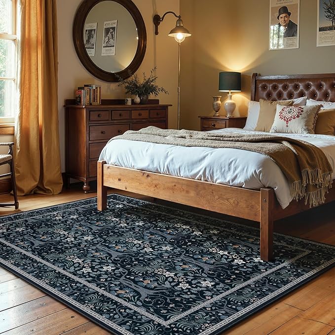 Joydeco Machine Washable Area Rugs 5x7, Boho Floral Rug for Bedroom Non Slip, Soft Forest Botanical Low-Pile Floor Indoor Throw Carpet for Living Dining Room Dorm Office, Blue-Black-BubblyBeeBaby