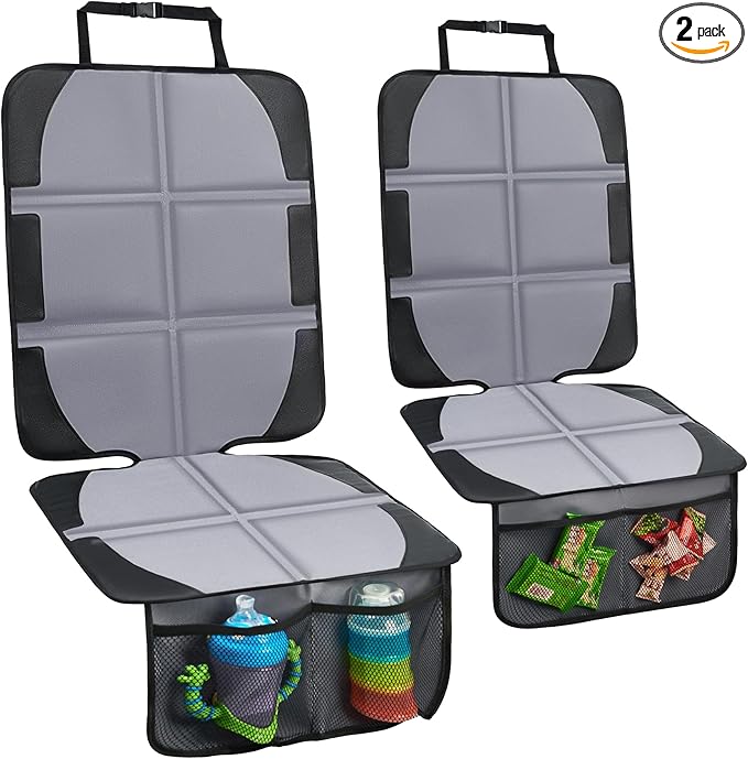 Car Seat Protector, 2 Pack Baby CarSeat Covers with Mesh Pockets & Non-Slip Backing 600D Durable Seat Protectors Under Car Seat for Baby(Gray, Large)-BubblyBeeBaby