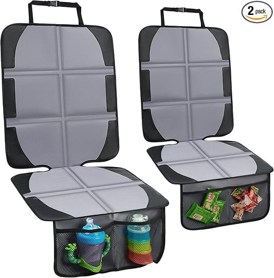 Car Seat Protector, 2 Pack Baby CarSeat Covers with Mesh Pockets & Non-Slip Backing 600D Durable Seat Protectors Under Car Seat for Baby(Gray, Large)-BubblyBeeBaby