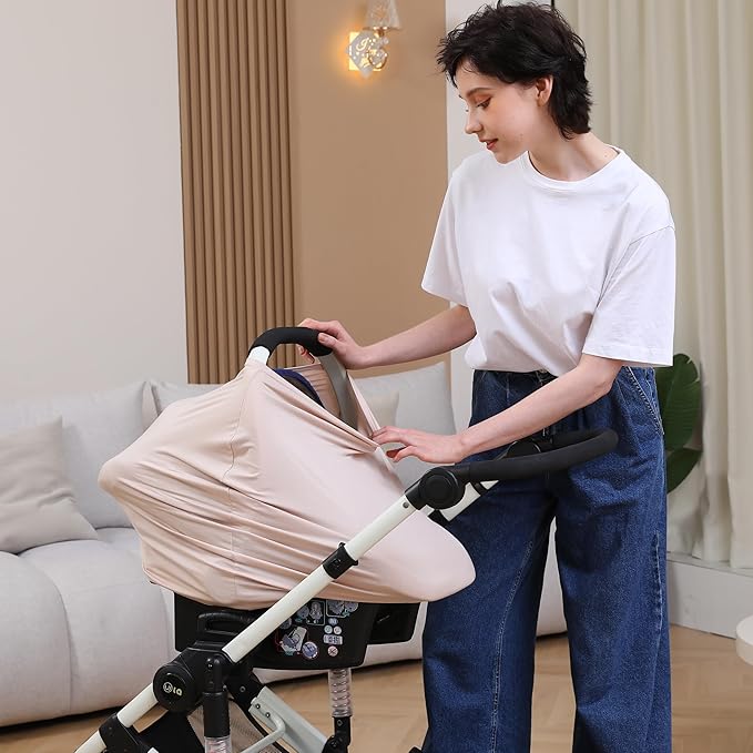 Breathable Car Seat Cover for Babies – Multi-Purpose Soft Rayon Nursing Cover for Breastfeeding, High Stretchy Infant Carseat Canopy, Stroller Cover (Smooth Rayon, Warm Natural)-BubblyBeeBaby