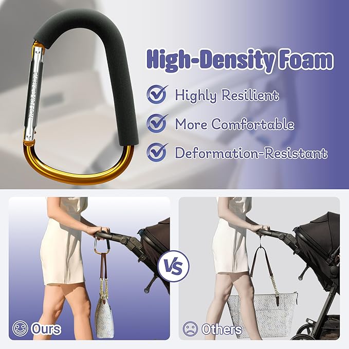 sprookber 6.7 Inch Large Stroller Hooks for Diaper Bags & Purses, Heavy Duty Mommy Hooks for Shopping, Grocery, Backpack – Baby Stroller Accessories, Set of 2 (Gold)-BubblyBeeBaby