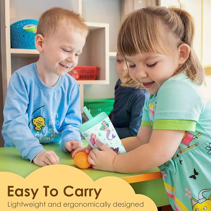 Kid Insulated Stainless Steel Tumbler with Silicone Straw, 12oz Sippy Cup for Kids (Magical Mermaids)-BubblyBeeBaby