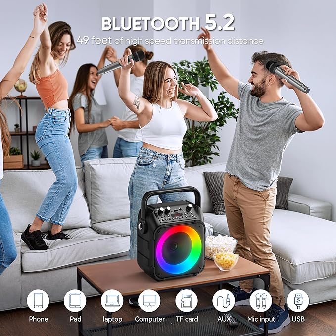 Karaoke Machine, Portable Bluetooth Speaker with 2 Wireless Microphones for Adults & Kids with Lights, Karaoke Microphone with PA System Supports USB/TF/REC/FM/AUX for Home Party Home System Packages-BubblyBeeBaby