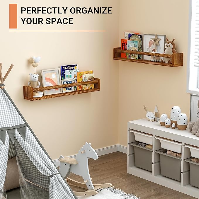 Heimlove 24 Inch Nursery Floating Shelves, Nursery Book Shelves for Wall, Wall Bookshelf for Kids Solid Wood Wall Mounted Shelves for Books,Toys and Decor Storage, Set of 2-BubblyBeeBaby