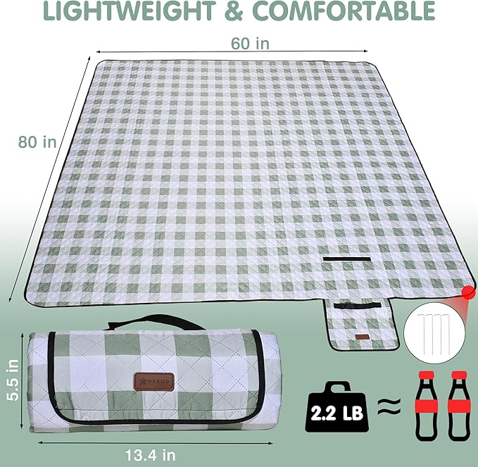 HX&OD Outdoor Picnic Blanket, Extra Large, 80''x60'' Waterproof Foldable Blankets Gingham Picnic Mat for Beach, Camping Grass Lawn Park Accessories Cute Couple Ideas Wedding (Green, 80”x60”)-BubblyBeeBaby