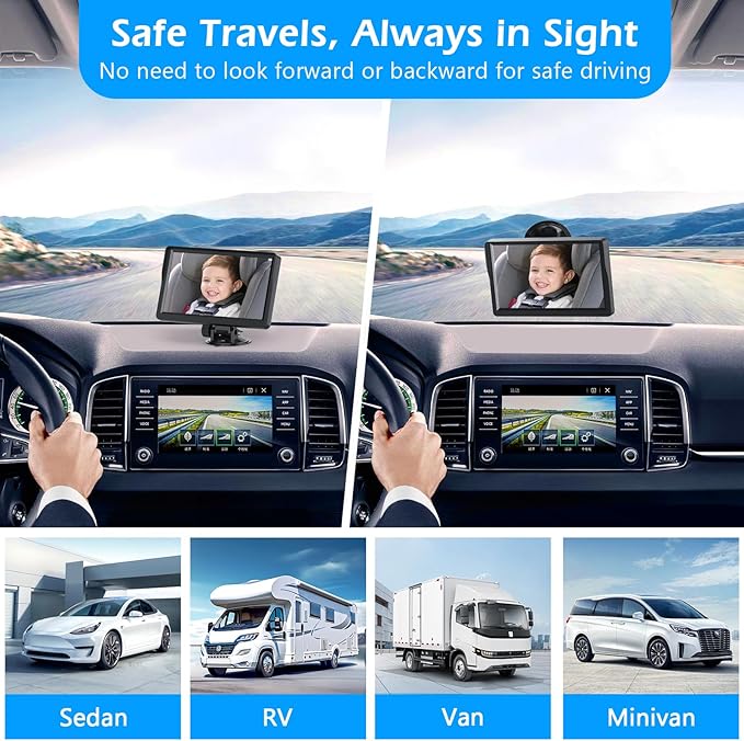 7" Baby Car Camera, FHD IR Night Vision Baby Car Mirror - IPS Display Rear Facing Monitor with 178° Wide Angle, Safe Driving for New Parents, Infants, Kids & Toddlers-BubblyBeeBaby