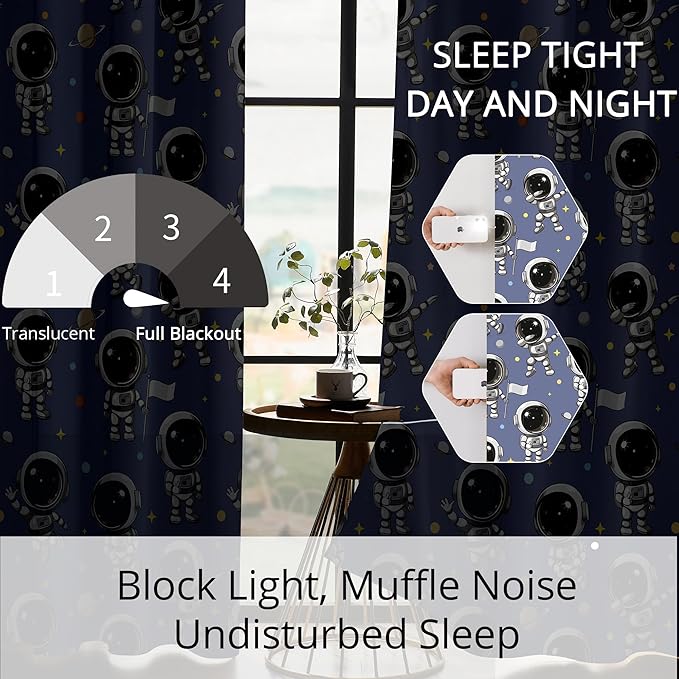 Kids Astronaut Blackout Curtains - 100% Blackout, Thermal Insulated, Noise Reducing, Perfect for Kids Room and Nursery, 2 Panels (Spacewalk Buddies, W52×L84)-BubblyBeeBaby