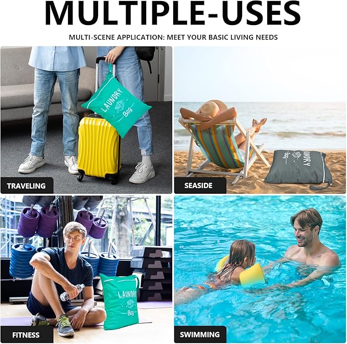 2 Pcs Large Travel Laundry Bags - Waterproof Wet/Dry, Washable, Drawstring, Bathing Suit, Workout, Gym Clothes, Swimming, Yoga - Green, Grey-BubblyBeeBaby