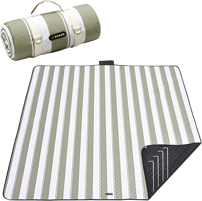 HX&OD Outdoor Picnic Blanket Extra Large, 80''*60'' Waterproof Picnic Mat with Stakes Foldable Camping Blanket Portable with Carry Strap for Beach Mat (Green& White, 80''*60'')-BubblyBeeBaby