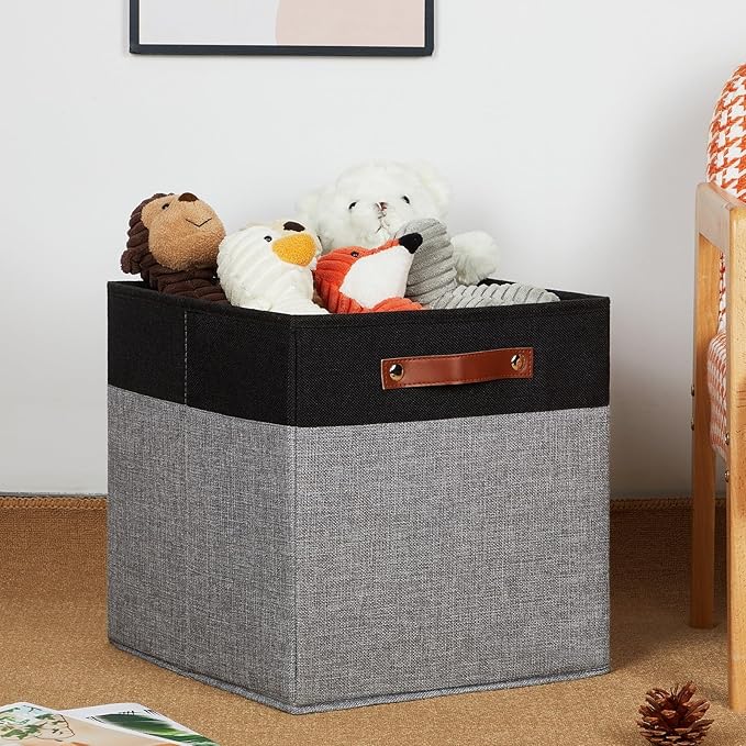 HNZIGE Storage Baskets for Organizing, Set of 4, Square Fabric Storage Cubes Bins 13 x 13, Collapsible Black Storage Bins for Shelves, Closets, Nursery, Home, Office (Black&Grey)-BubblyBeeBaby
