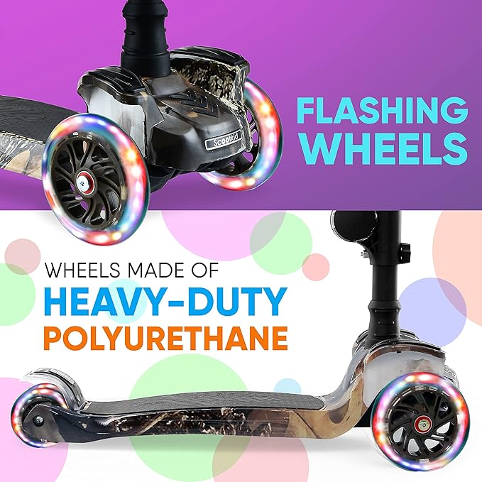 Hurtle 3-Wheeled Scooter for Kids - Wheel LED Lights, Adjustable Lean-to-Steer Handlebar, and Foldable Seat - Sit or Stand Ride with Brake for Boys and Girls Ages 1-14 Years Old-BubblyBeeBaby