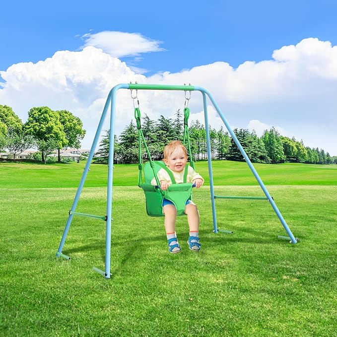 2-in-1 Toddler Swing Set with Metal Stand, Safety Belt & 4 Anchors - A-Frame Swing for Kids 6 Months+ (Blue, Indoor/Outdoor Backyard Playground)-BubblyBeeBaby