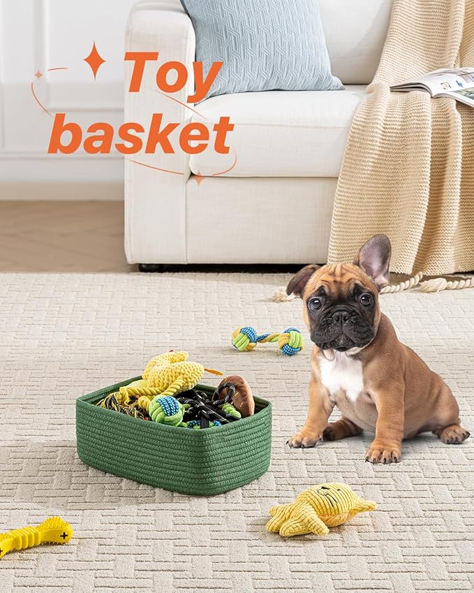 KALLAX Small Woven Basket, 12 x 8 x 4.5 Inches, Storage Basket for Organizing, Cute Small Rope Shelf Closet Cube Storage Bins Baskets for Shelves, Dog Toy Gift Baskets Empty, 3 Packs, Green-BubblyBeeBaby