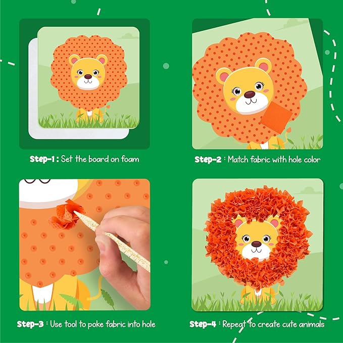 jackinthebox Poke Poke Art – Animals Theme, Mess-Free Fabric Art and Craft, Flower Pressing Kits, Gift for Kids, Girl Gifts, Boy Gift, Toys for Girls and Boys Ages 4 5 6 7 8-BubblyBeeBaby