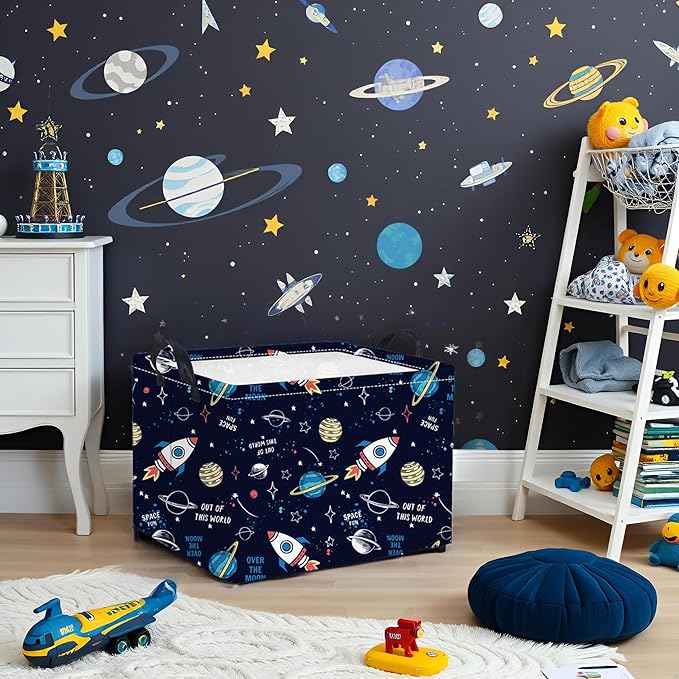 HIYAGON Rectangular Space Basket for Boys Baby Storage Basket Storage Bin Organizer Box Room Decor(Rocket Planet)-BubblyBeeBaby