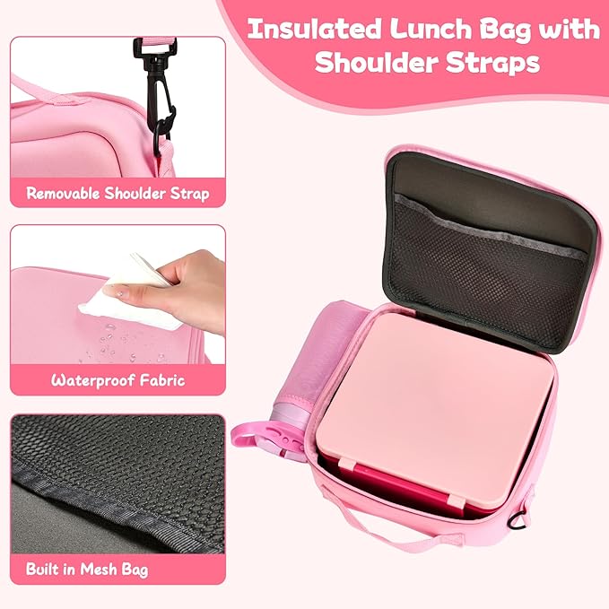 Kids Bento Lunch Box with 8oz Soup Thermo, Water Bottle, Leakproof Lunch Food Containers with 4 Compartment, Kids Insulated Hot Food Jar with Lunch Bag for School(Pink)-BubblyBeeBaby