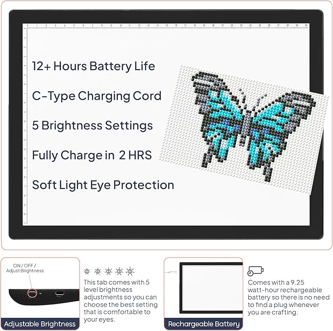 iVyne Rechargeable A4 Light Pad for Diamond Painting & Art Projects – LED Light Board with Diamond Art Accessories – Ultra-Thin & Portable Diamond Dot Light Board, Perfect for Artists - Black-BubblyBeeBaby