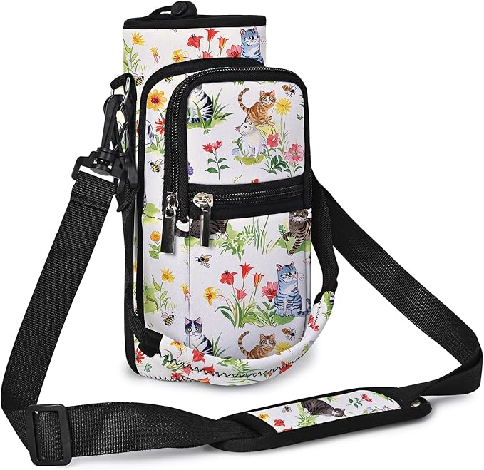 25/32/40/64oz Water Bottle Bag Holder Carrier-Insulated Crossbody Sling Case Sleeve with Strap & Pockets for Men Women Gym Cycling Travel Walking Hiking Camping-BubblyBeeBaby