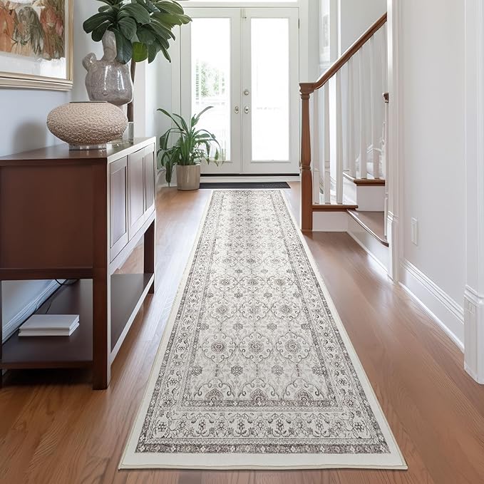 jinchan Hallway Runner Rug 3x7 - Machine Washable Beige Vintage Floral Distressed Design Soft Non-Slip Low-Pile Ultra-Thin Runner Rug for Kitchen Laundry Room Bedroom Farmhouse (3‘x7',Beige)-BubblyBeeBaby
