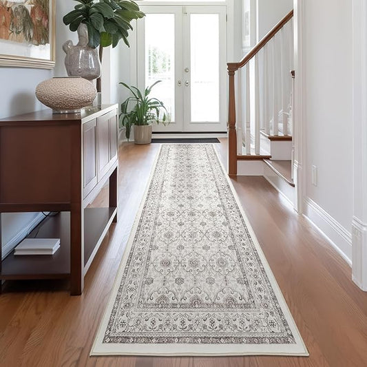 jinchan Hallway Runner Rug 3x7 - Machine Washable Beige Vintage Floral Distressed Design Soft Non-Slip Low-Pile Ultra-Thin Runner Rug for Kitchen Laundry Room Bedroom Farmhouse (3‘x7',Beige)-BubblyBeeBaby