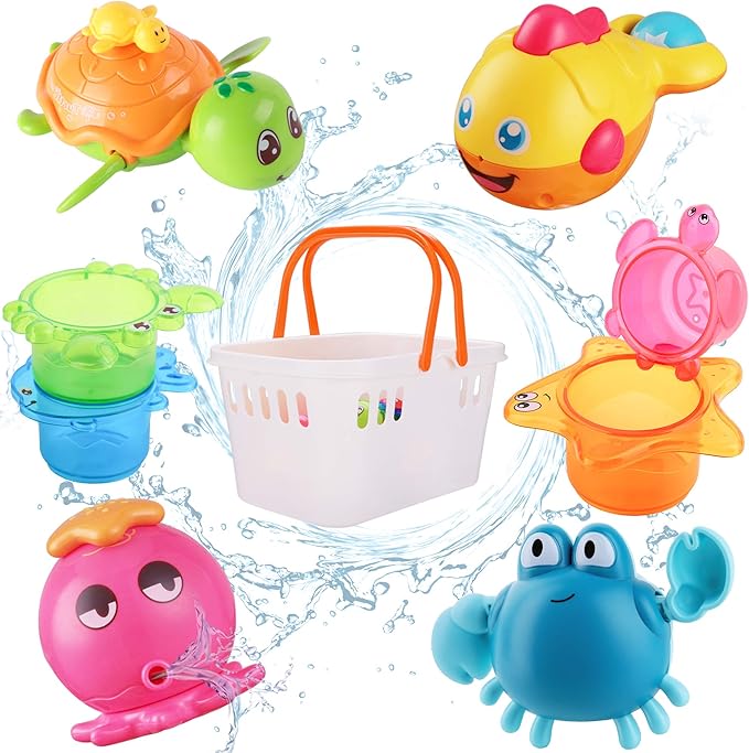 iPlay, iLearn Baby Bath Toys w/ Organizer, Water Squirting Octopus, Wind Up Swimming Turtle, Bathtub & Shower, Stacking Cups, Gift for 6, 9, 12, 18 Months 1, 2, 3 Years, Toddlers, Girls, Boys & Kids-BubblyBeeBaby