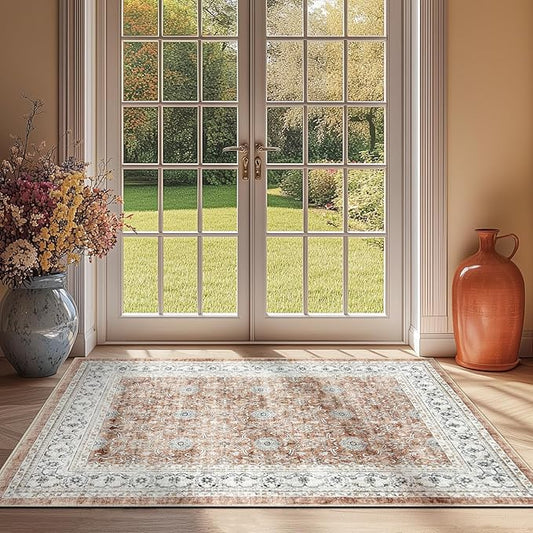 jinchan Washable Area Rug 3x5 Entryway Low Pile Boho Floral Print Rug Faux Wool Soft Indoor Doormat Stain Resistant Non-Slip Ultra-Thin Rug Kitchen Living Room Bedroom Dining Room Office Orange-BubblyBeeBaby