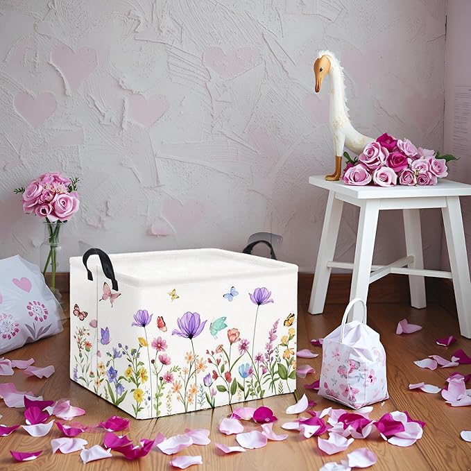 HIYAGON Rectangular Baby Girl Basket Kids Baby Storage Basket Toy Storage Bin Organizer Box Room Decor(Purple Flower)-BubblyBeeBaby