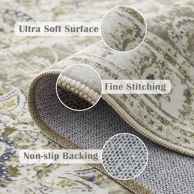 jinchan Washable Area Rug 4x6 Ultra-Thin Low Pile Non Slip Stain Resistant Soft Faux Wool Floral Rug Distressed Boho Vintage Carpet for Bedroom,Living Room,Dining Room,Kitchen,Nursery(Taupe, 4' x 6')-BubblyBeeBaby