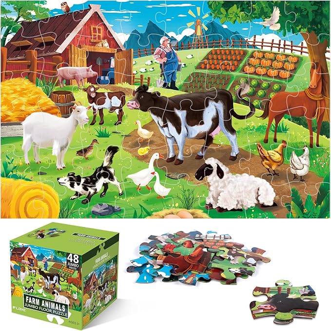 Jumbo Floor Puzzle for Kids,Farm Animals Jigsaw Large Puzzles,48 Piece Barn Puzzle for Toddler Ages 3-5,Children Learning Preschool Educational Toys,Birthday Gift for 4-8 Years Old Boy and Girl-BubblyBeeBaby