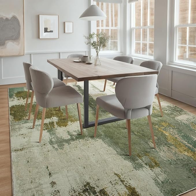 Kelarea Living Room Rug, 8x10 Rug Modern Abstract Washable Rugs Green Faux Wool Vintage Carpet, Non Slip Large Rugs for Bedroom, Dining Room, College Dorm, Home Office-BubblyBeeBaby