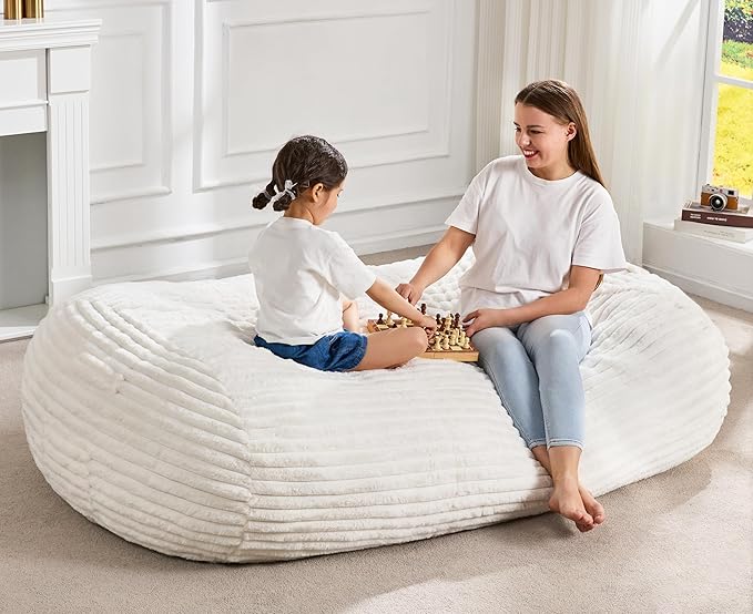 Hobestluk 5FT Bean Bag Chairs Adult Bean Bag with Portable Handle Comfy Large Bean Bag Lounge Chair with Removable Cover for Living Room Bedroom (Stripe White, 5FT)-BubblyBeeBaby