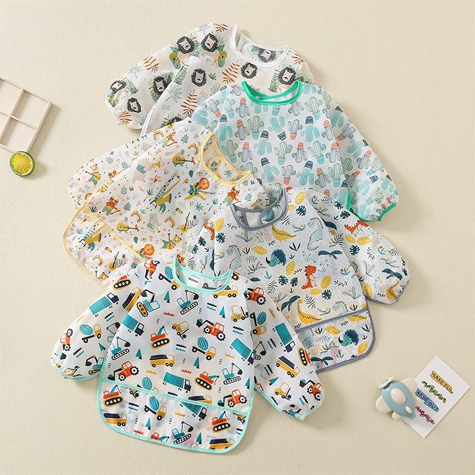 5 Pack Long Sleeve Bib,Baby Toddler Waterproof Sleeved Bib for 6-30 Months Reusable with Catch-all Pocket-BubblyBeeBaby