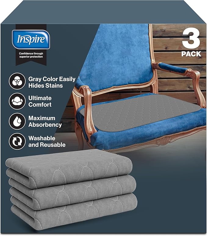 Inspire Underpads | Stain Hiding Gray Reusable Incontinence Bed Pads | Waterproof Mattress Pad | for Adults Babies and Dogs (18 X 24 - 3 Pack)-BubblyBeeBaby