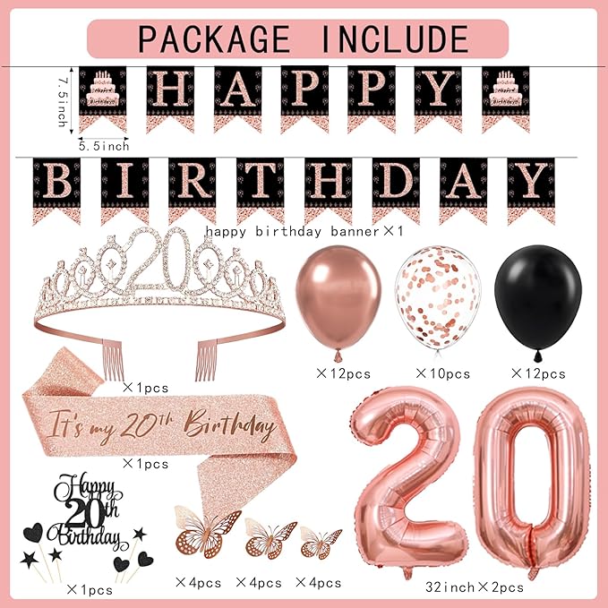 20th Birthday Decorations for Girls Women - 56pcs Rose Gold Happy 20th Banner, 20th Birthday Crown Sash, Cake Topper, Number 20 balloons, 3D Butterflies, 4 Balloon Stands kits-BubblyBeeBaby