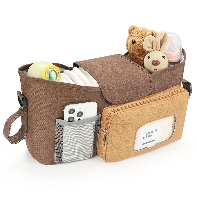 Accmor Universal Stroller Organizer with Insulated Cup Holder, Stroller Caddy Bag Accessories, Stroller Cup Holder Organizer for Uppababy Baby Jogger Britax Stroller, Brown-BubblyBeeBaby