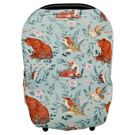 Baby Car Seat Cover, Multi-use Nursing Cover for Breastfeeding, Stretchy Stroller Cover Boys Girls, Stretchy Carseat Canopy, Soft Breathable, Woodland Animal Bear-BubblyBeeBaby