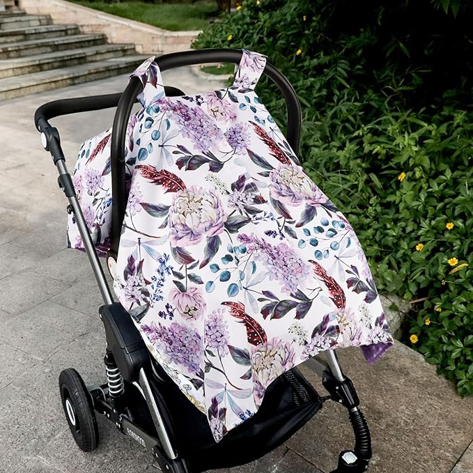 Car Seat Cover Baby, Infant Car Seat Canopy Covers for Newborn Girls Boys, Soft Breathable Mink Carseat Covers Stretchy Multi-Use Nursing Cover for Stroller Baby Car Seat, Purple Flroal-BubblyBeeBaby