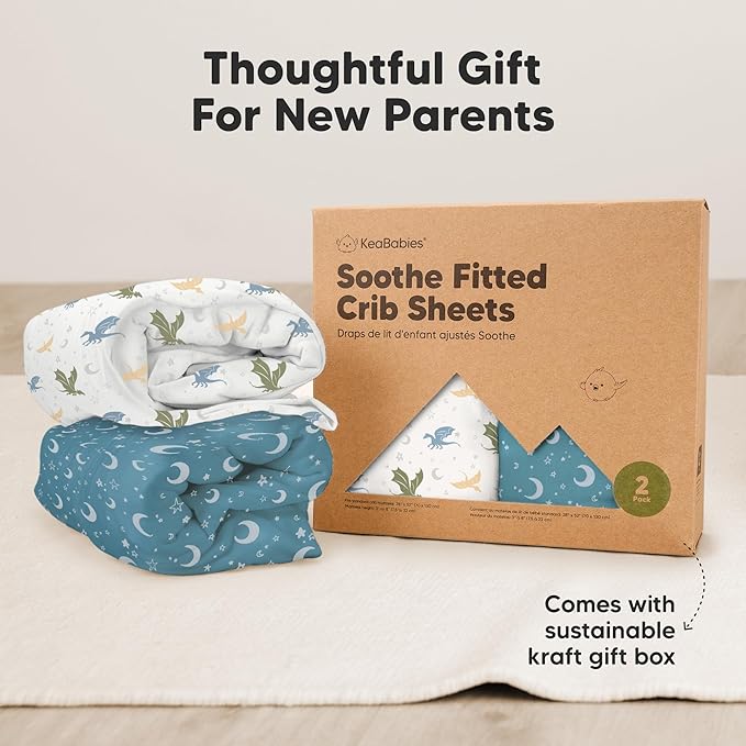 KeaBabies 2-Pack Organic Crib Sheets for Boys, Girls - 52x28 Fitted Crib Mattress Sheet Neutral, Breathable Jersey Cotton Cover for Baby Bed, Toddler Mattress, Soft & Cute Prints (Dragon Tale)-BubblyBeeBaby