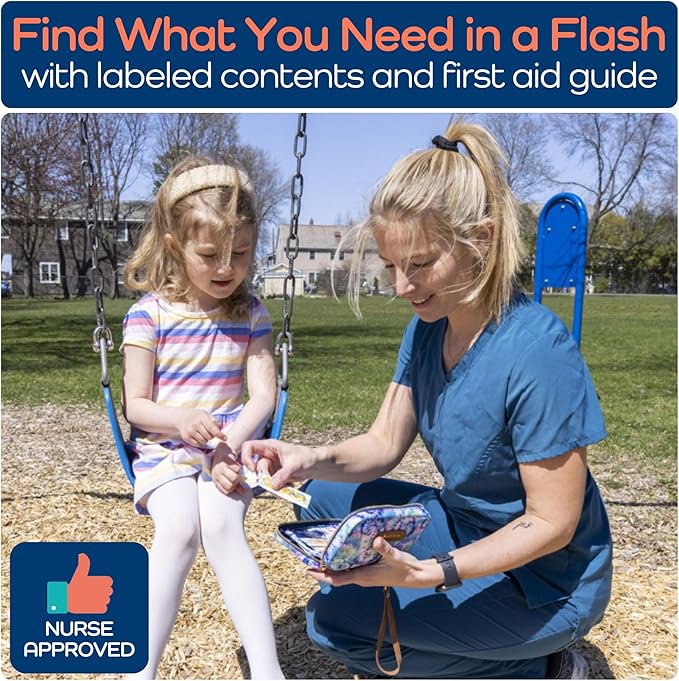 Keep Going Travel First Aid Kit for Kids – 130 Pc. for Car, Purse, Diaper Bag, Backpack, & Suitcase, with Latex-Free Bandages – 7 x 5 x 2 in. Travel First Aid Kit TSA-Approved-BubblyBeeBaby