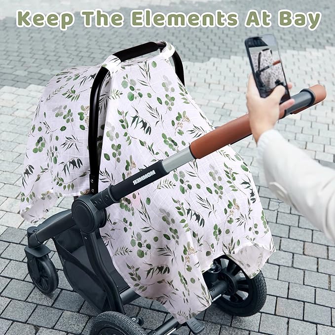 Rquite Car Seat Cover for Girl Boy, Muslin Cotton Infant Car Seat Canopy, Breathable Baby Carrier Cover, Summer Stroller Sun Shade, Leaf-BubblyBeeBaby