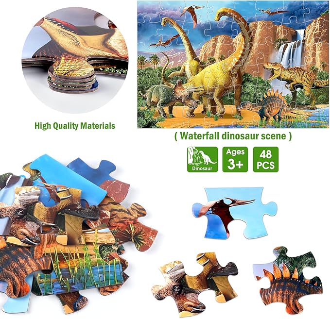 Jumbo Floor Puzzle for Kids,48 Piece Waterfall Dinosaur Large Jigsaw Puzzles, Fun Preschool Educational Toy for Toddlers Ages 3-5,Gift for Boy Girl Ages 4-8-BubblyBeeBaby
