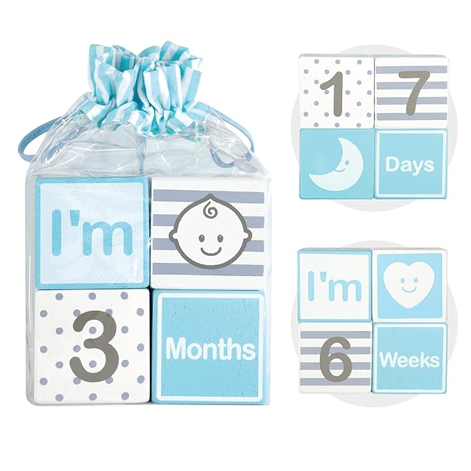 I'm Solid Wood Monthly Weekly Yearly Milestone Age Blocks, Newborn Gifts & Keepsakes for Picture Props (4 Pcs/Blue)-BubblyBeeBaby