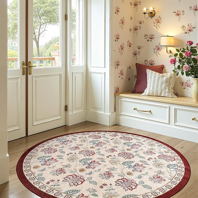 jinchan 6ft Floral Round Rug for Dining Room Washable Living Room Rug Vintage Romance Design Non Slip Indoor Floor Cover Lightweight Low-Profile Throw Carpet for Bedroom Porch Patio, Red/Beige-BubblyBeeBaby