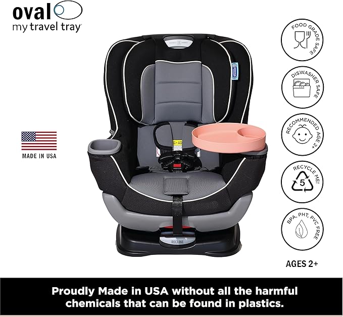 Travel Tray Oval USA Made Extend Your Current Cup Holder to Hold Your Cup Plus A Tray for Snacks, Toys and Accessories. Use in a Car Seat, Booster, Stroller, Golf Cart, Outdoor Chair, (Peach)-BubblyBeeBaby