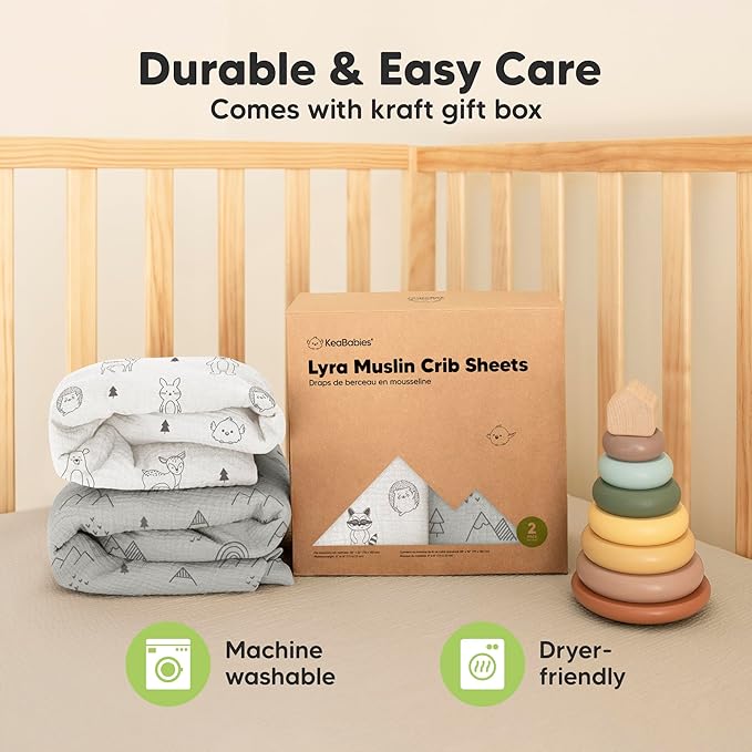 KeaBabies 2-Pack Muslin Crib Sheets for Boys, Girls - 100% Organic Cotton Fitted Baby Crib Mattress Sheet, Soft Breathable Standard Toddler Bed Cover Bedding Set, Neutral, Durable 52x28 (Woodland)-BubblyBeeBaby