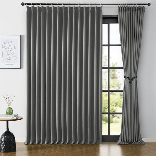 KEQIAOSUOCAI Extra Wide Blackout Curtains 90 Inches Long, Pinch Pleated Curtains for Sliding Door/French Door Room Divider Panels for Living Room 100 Inch Width 100x90 Grey-BubblyBeeBaby