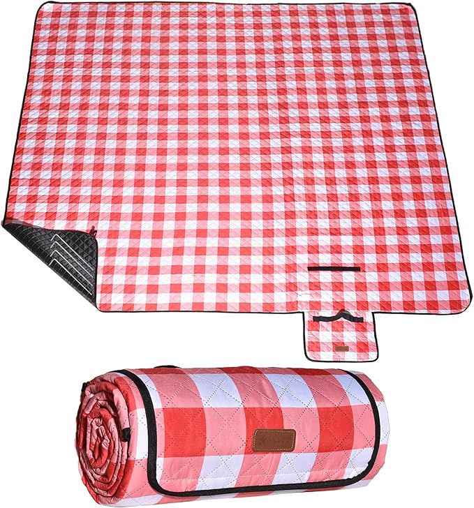 HX&OD Outdoor Picnic Blanket, Extra Large, 80''x60'' Waterproof Foldable Blankets Gingham Picnic Mat for Beach, Camping Grass Lawn Park Accessories Cute Couple Ideas Wedding (Red, 80”x60”)-BubblyBeeBaby