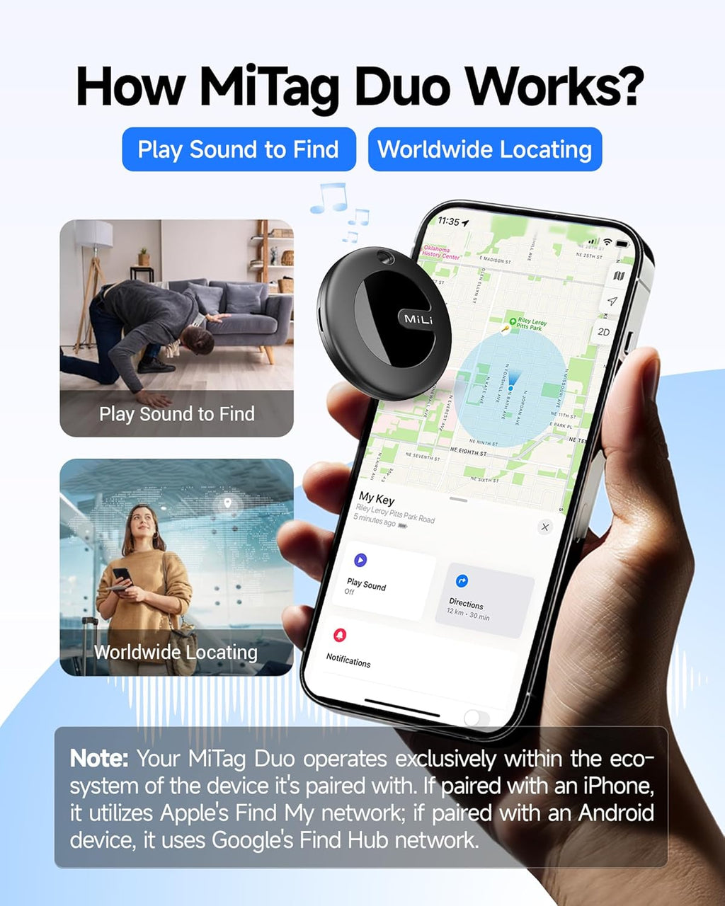 MiTag Duo - Bluetooth Tracker for iOS or Android, Smart Tracking Tag/Key Finder/Luggage Tracker/Item Locator, Compatible with iOS Find My or Google Find Hub App, IP67 Waterproof (1 Pack)