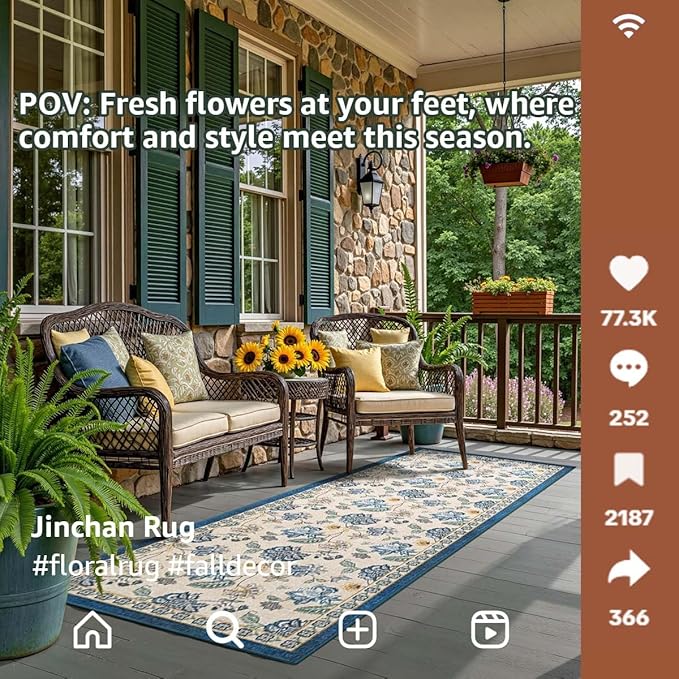 jinchan 3x8 Floral Runner Rug for Hallway Washable Kitchen Runner Vintage Romance Design Non Slip Thin Indoor Floor Cover Low-Profile Throw Carpet for Entryway Bathroom Bedroom Porch, Blue/Beige-BubblyBeeBaby