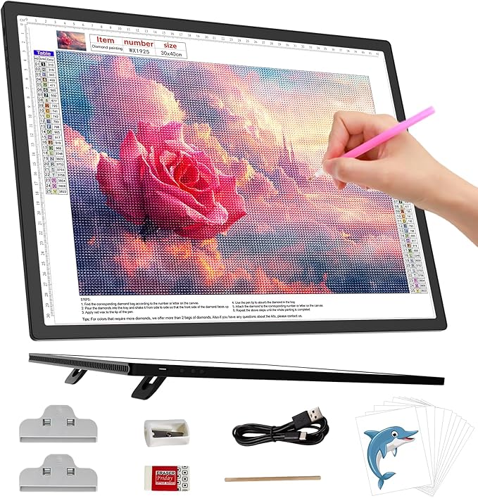 HIUKCOLED A3 Built-in Tilt Stand Light Tracing Box, 6-level＆Stepless Dimmable Adjustable Brightness Light Pad with 3 Colors,Battery Powered LED Light Board for Drawing,Diamond Painting,Sketching,X-Ray-BubblyBeeBaby